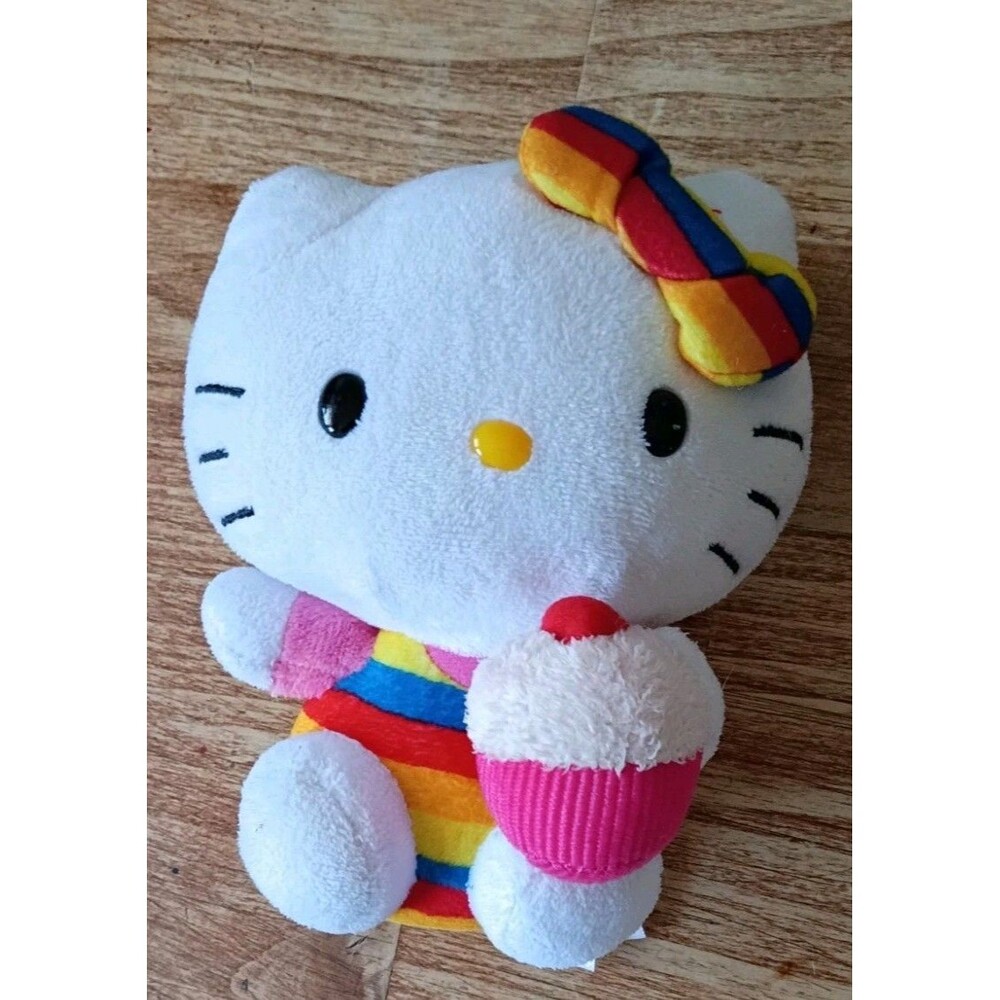 TY Hello Kitty Rainbow Cupcake Plush 2014 Sanrio Striped Dress 6" - Picture 1 of 10
